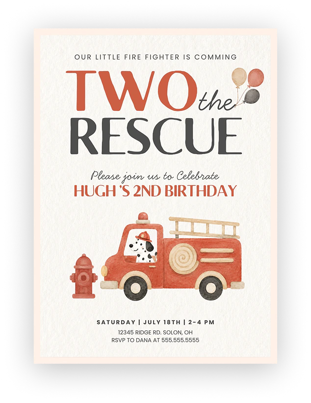 Two the Rescue firetruck birthday invitation