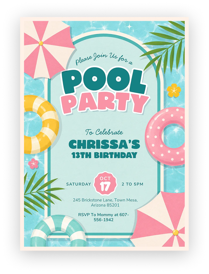 Colorful pool party birthday invitation